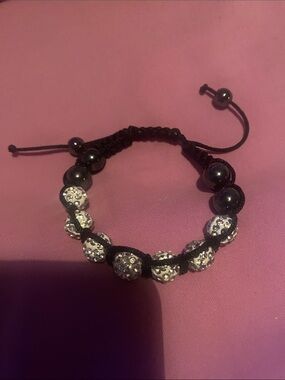 Black Cord Bracelet with Silver Crystal Beads